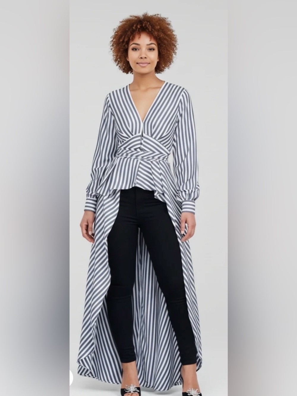 CBR Black White Striped High Low Peplum Tunic Blouse Statement Piece Boho Chic